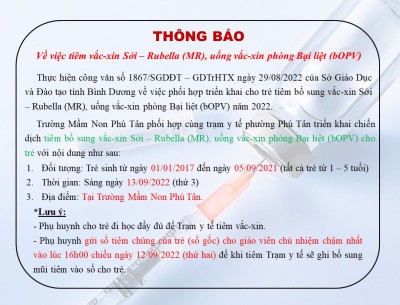 Thông báo về việc tiêm vắc-xin Sởi – Rubella (MR), uống vắc-xin phòng Bại liệt (bOPV) cho trẻ từ 1 tuổi đến 5 tuổi